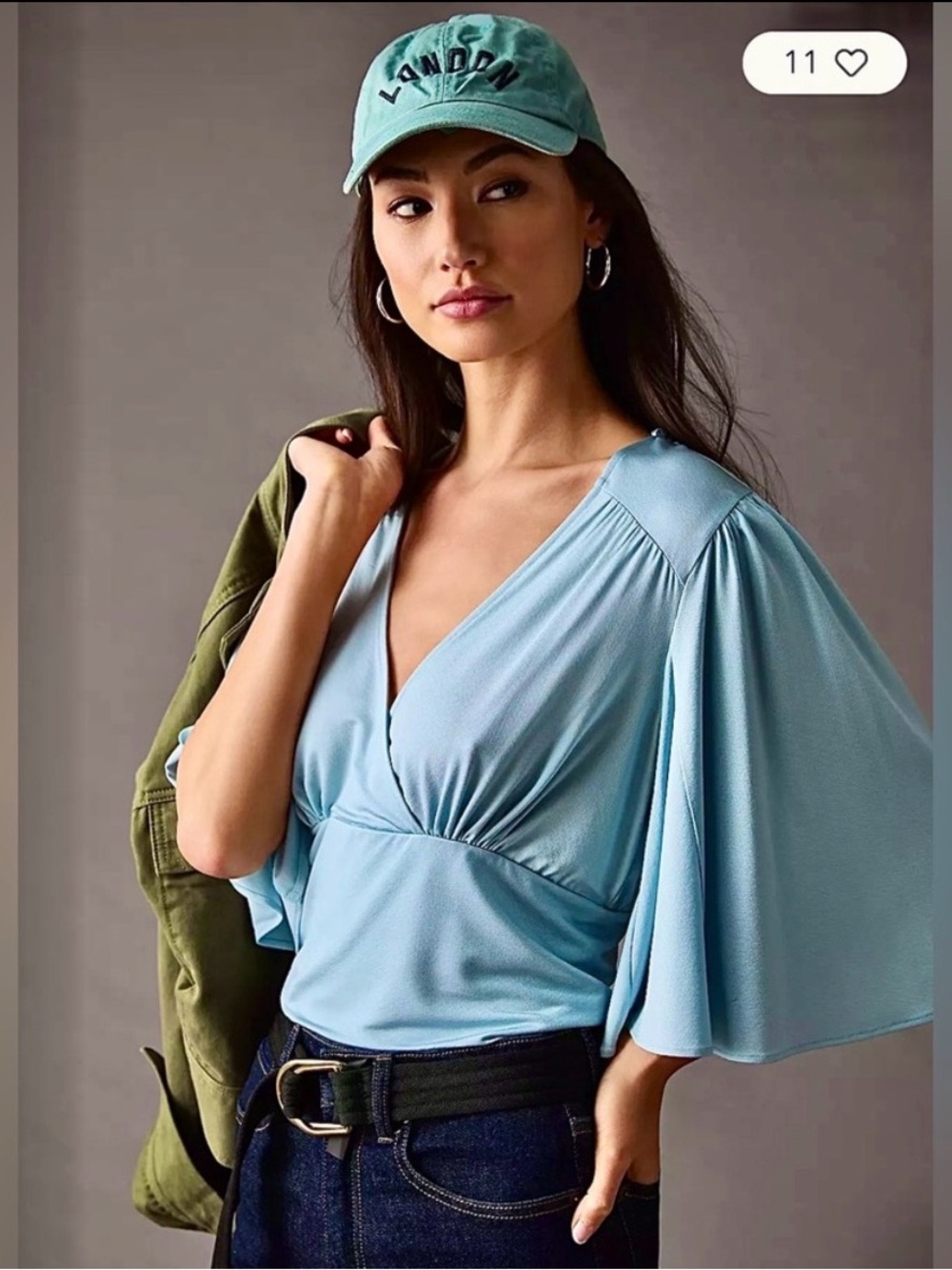 Anthropologie • Size S Blue V-Neck Wide Flowing Kimono Style Sleeves Blouse NWT - Picture 8 of 10